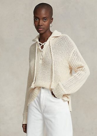 Cream Women’s Ralph Lauren Cross-Stitch Lace-Up Cotton-Wool Sweaters