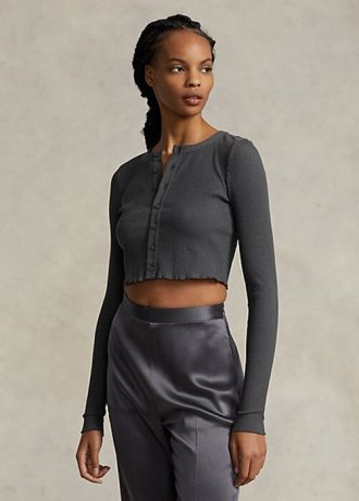 Grey Women’s Ralph Lauren Ribbed Button-Front Cropped Tops