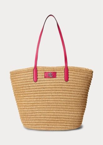 Natural/Sport Pink Women’s Ralph Lauren Leather-Trim Straw Large Brie Tote Bags