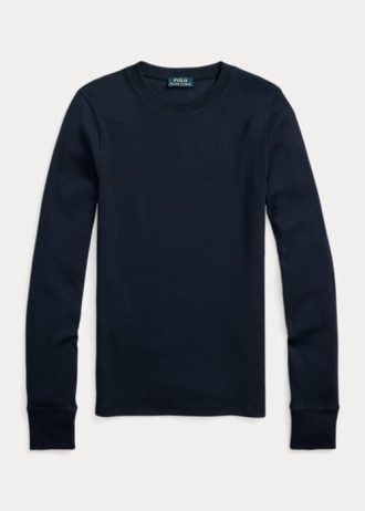 Navy Women’s Ralph Lauren Ribbed Suede-Trim Long-Sleeve T Shirts