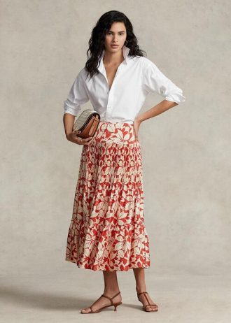 Rose Women’s Ralph Lauren Print Satin Pleated A-line Midi Skirts